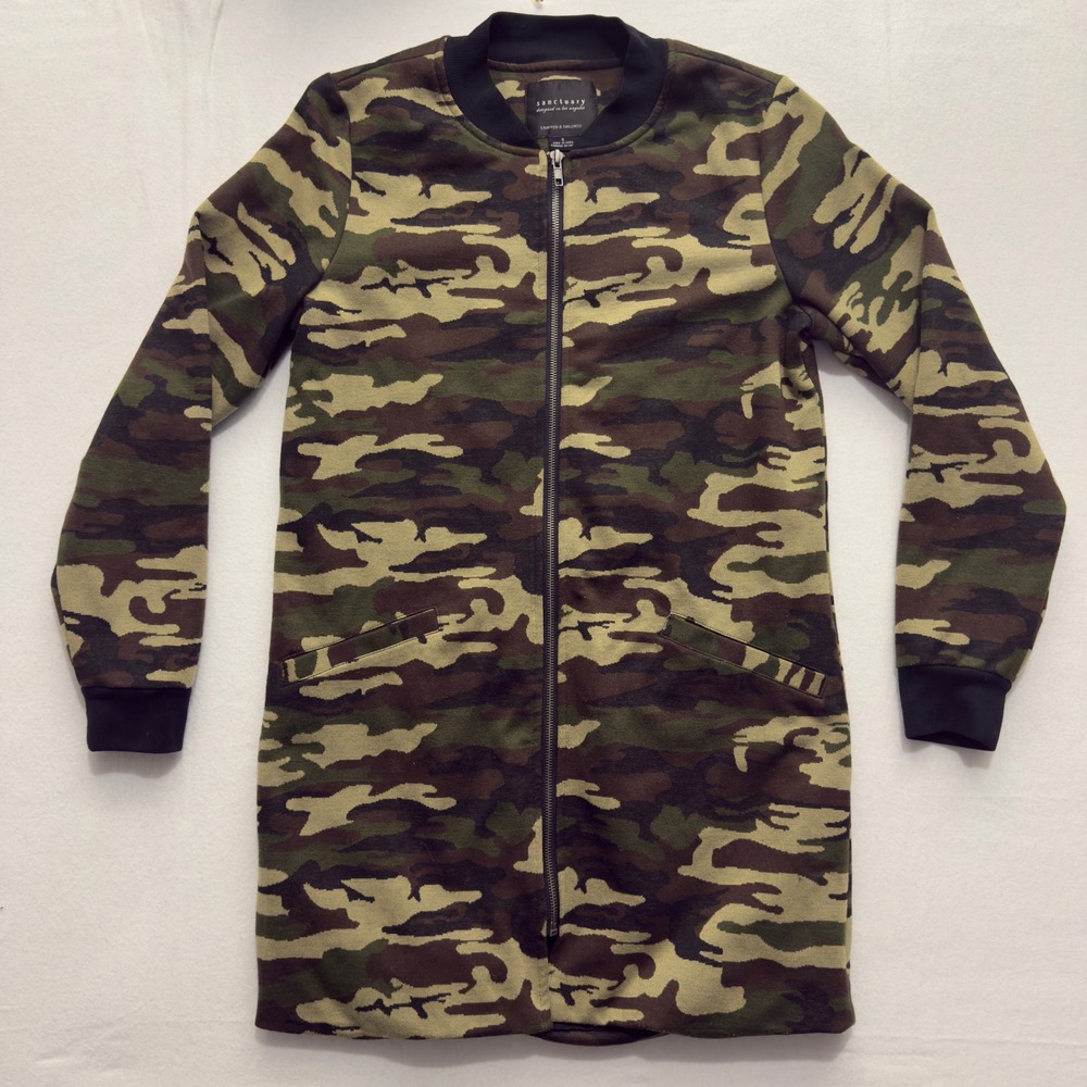 Sanctuary Camo Longline Knit Bomber Jacket Women's Size Small – Zip Front